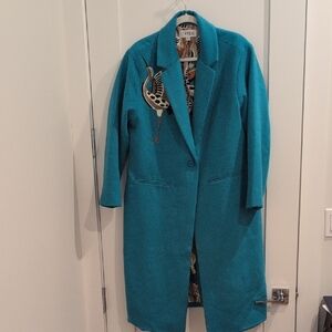 Stylish Teal Trench Coat with Bird Design